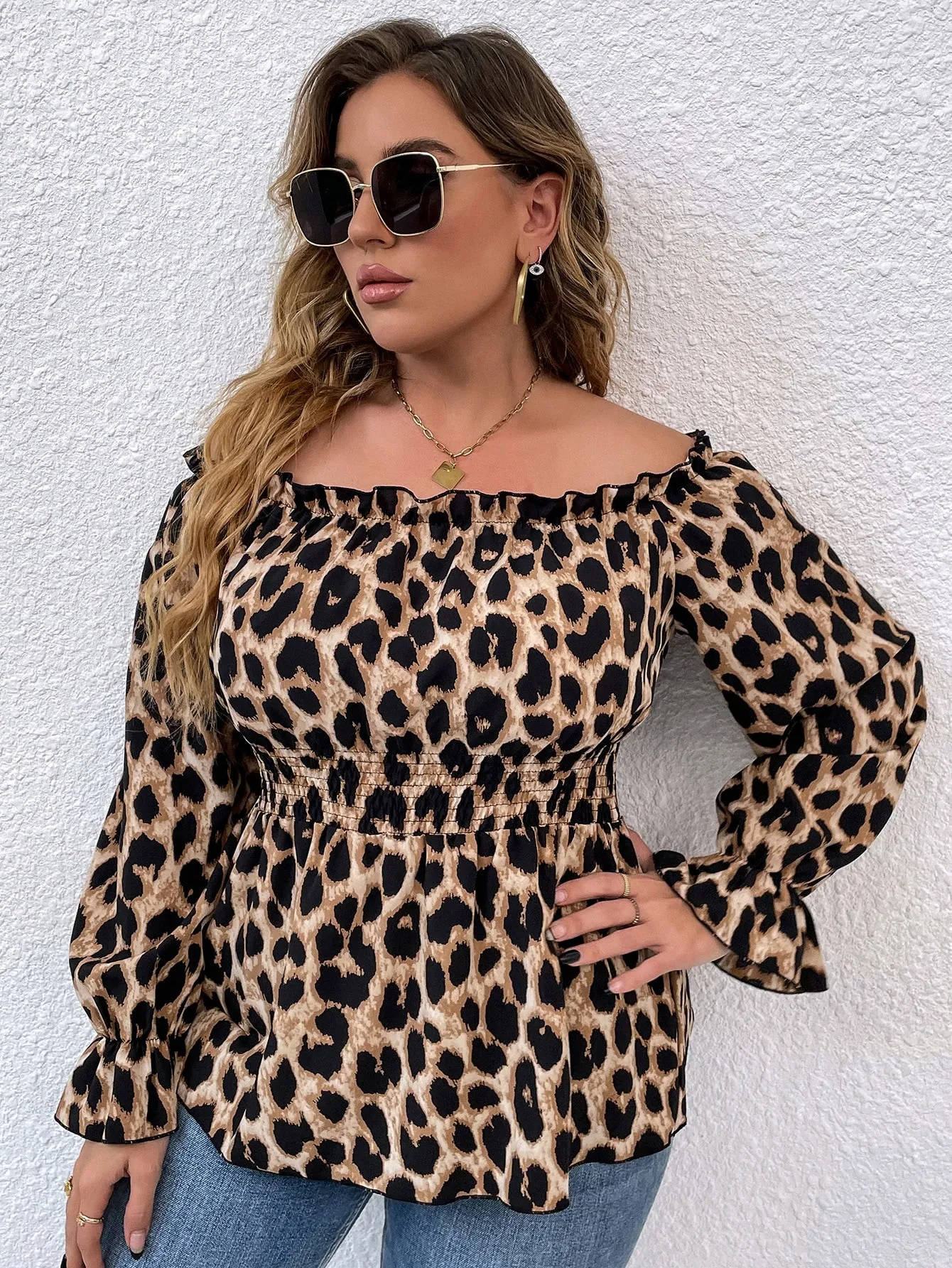 All Over Print Shirred Long Sleeve Off The Shoulder Regular Plus Size Blouse