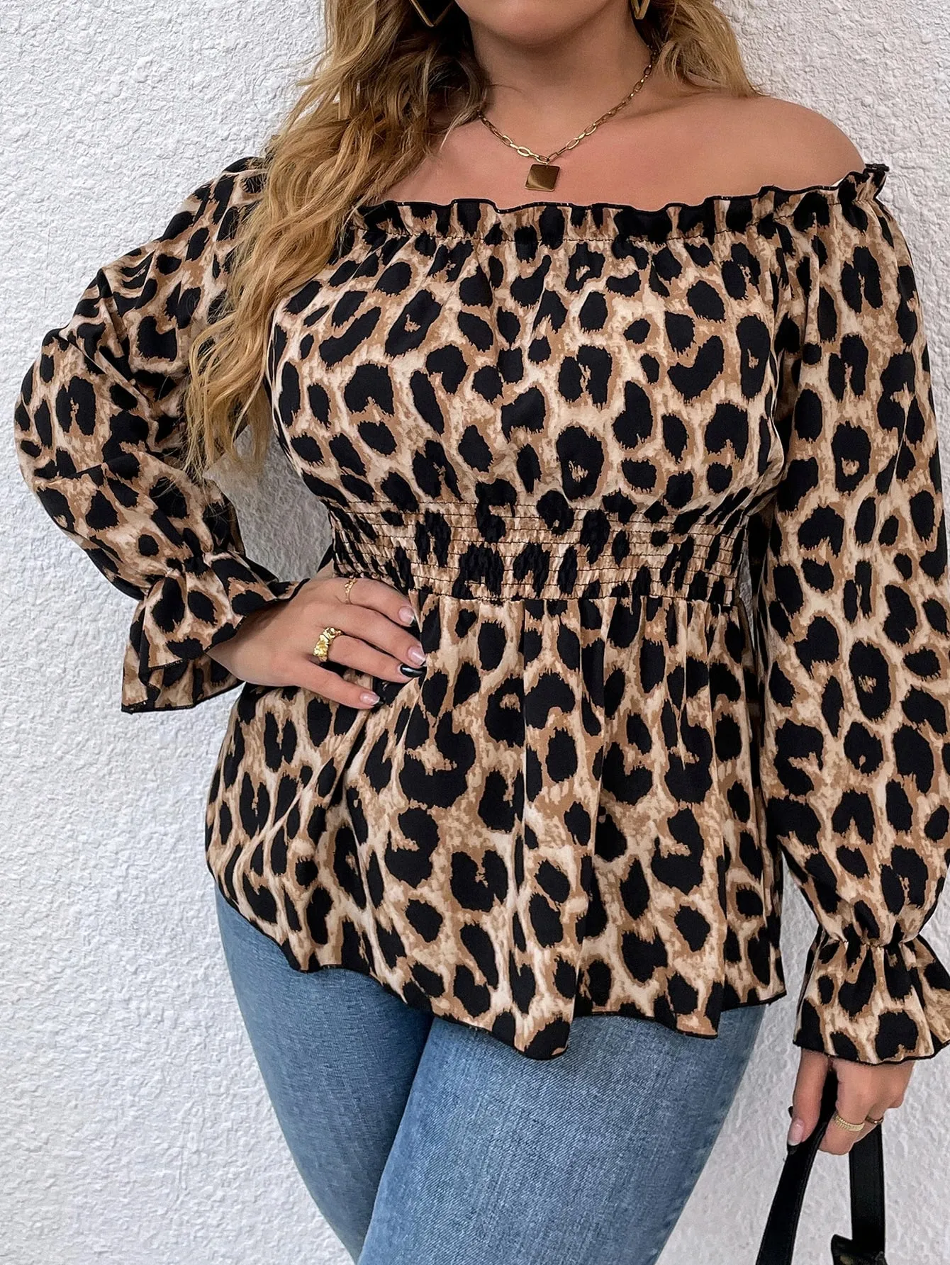 All Over Print Shirred Long Sleeve Off The Shoulder Regular Plus Size Blouse