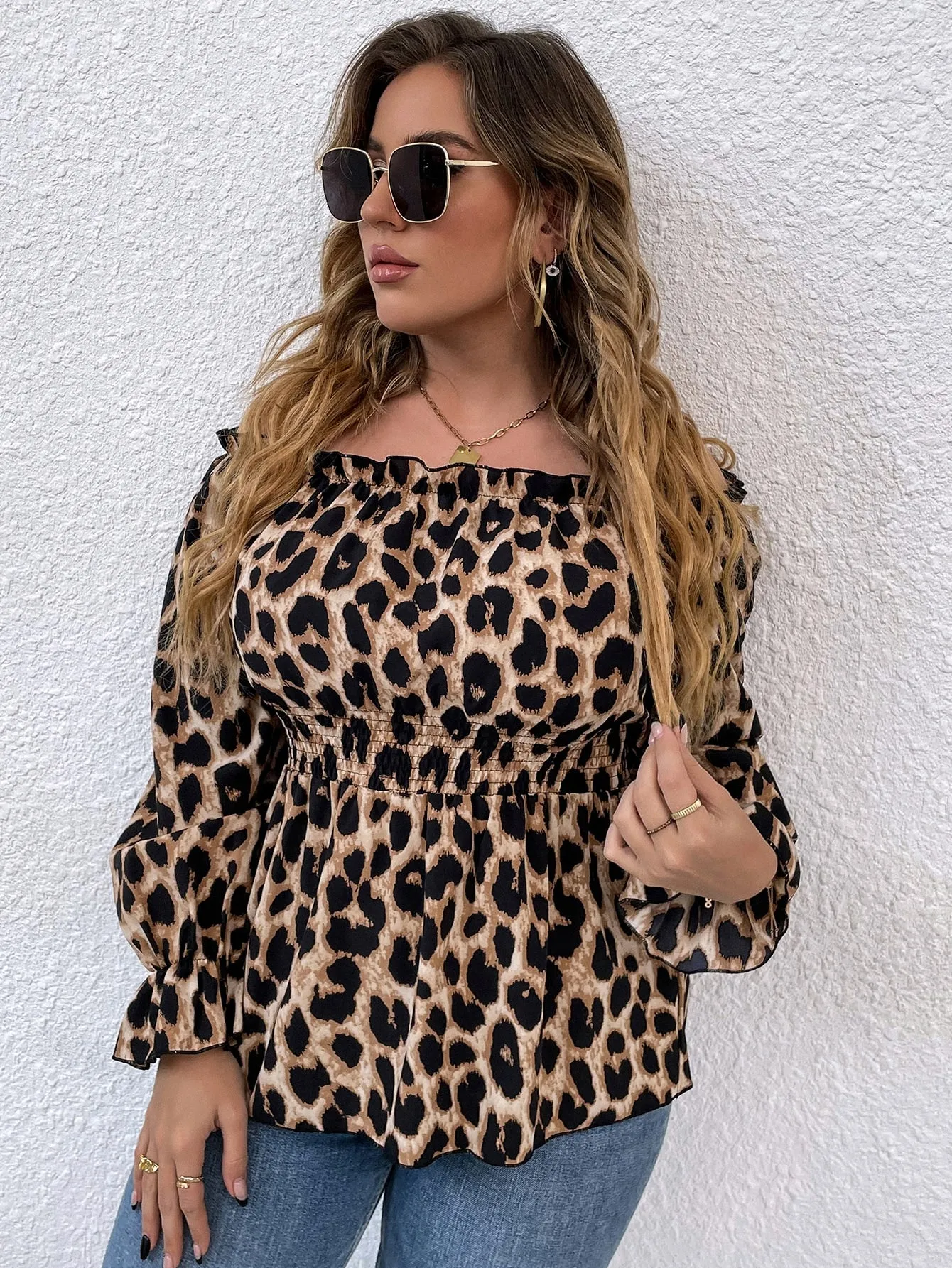 All Over Print Shirred Long Sleeve Off The Shoulder Regular Plus Size Blouse