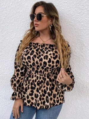 All Over Print Shirred Long Sleeve Off The Shoulder Regular Plus Size Blouse