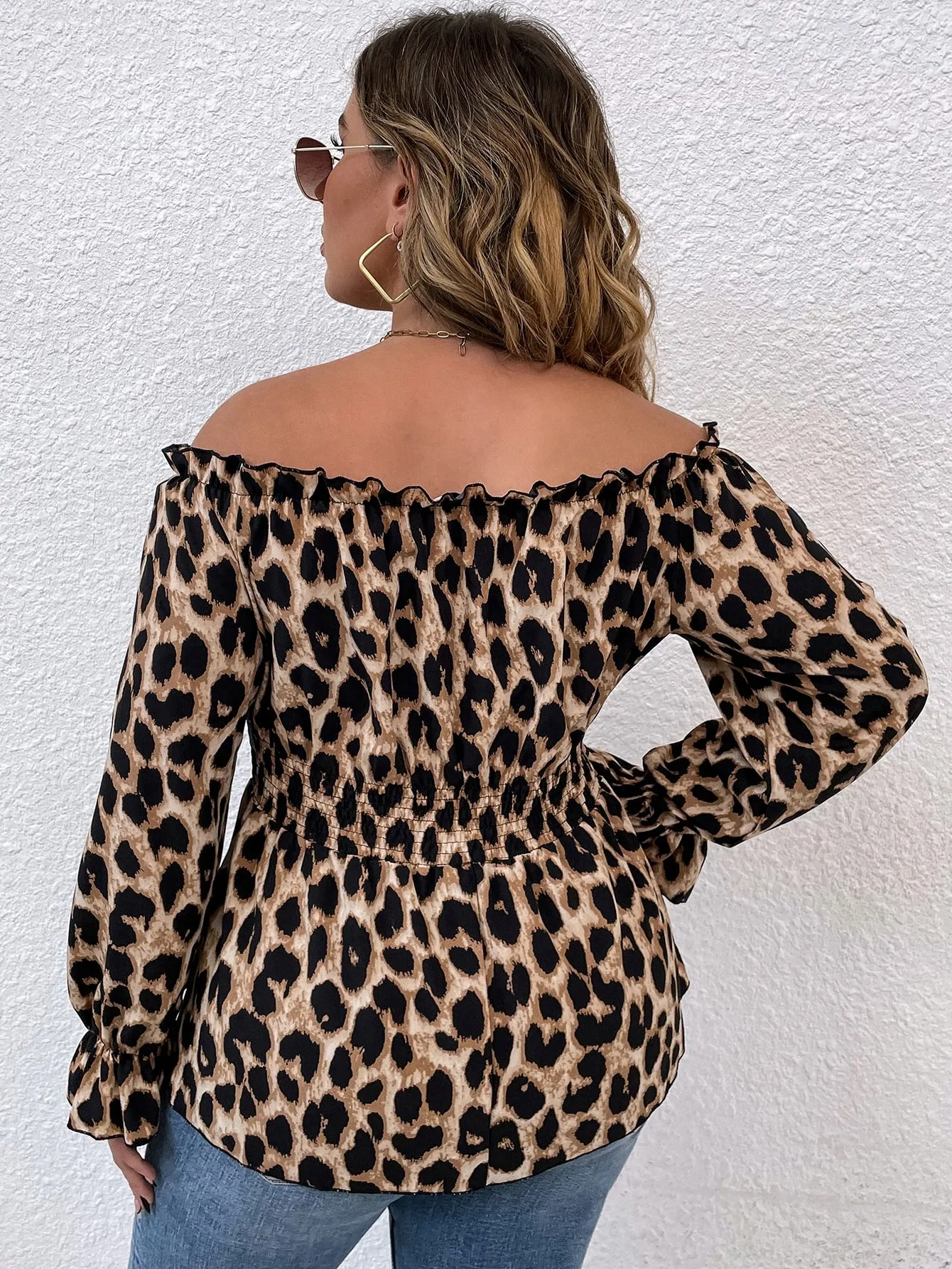 All Over Print Shirred Long Sleeve Off The Shoulder Regular Plus Size Blouse