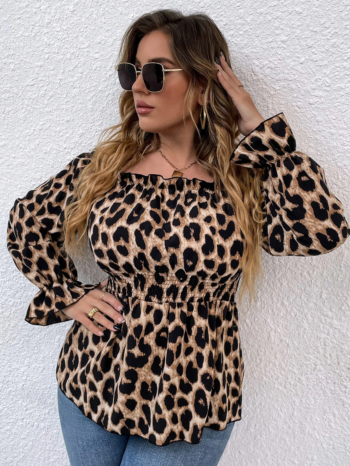 All Over Print Shirred Long Sleeve Off The Shoulder Regular Plus Size Blouse