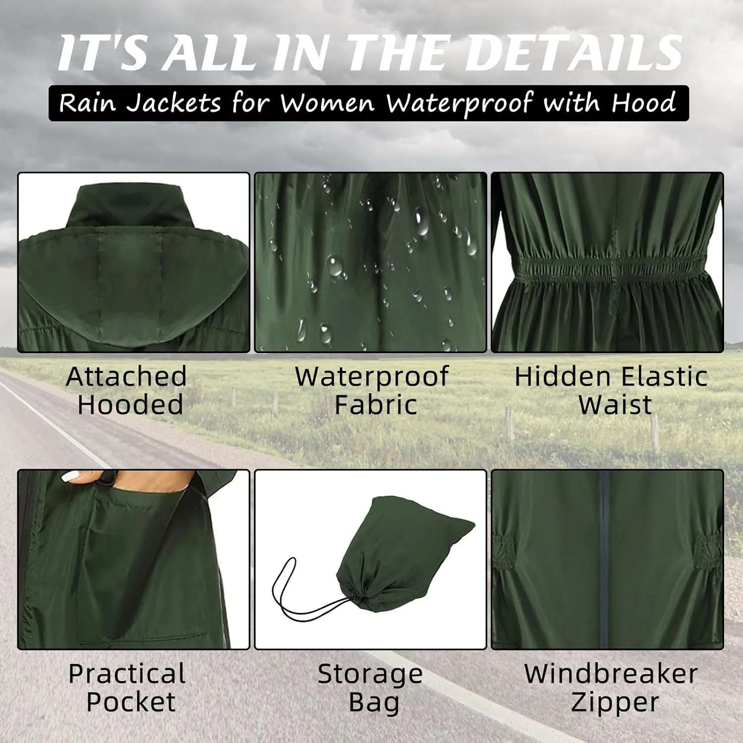 American Trends Rain Jacket Women Waterproof with Hood Windbreaker Jacket Travel Rain Coat Packable Lightweight Long Raincoat