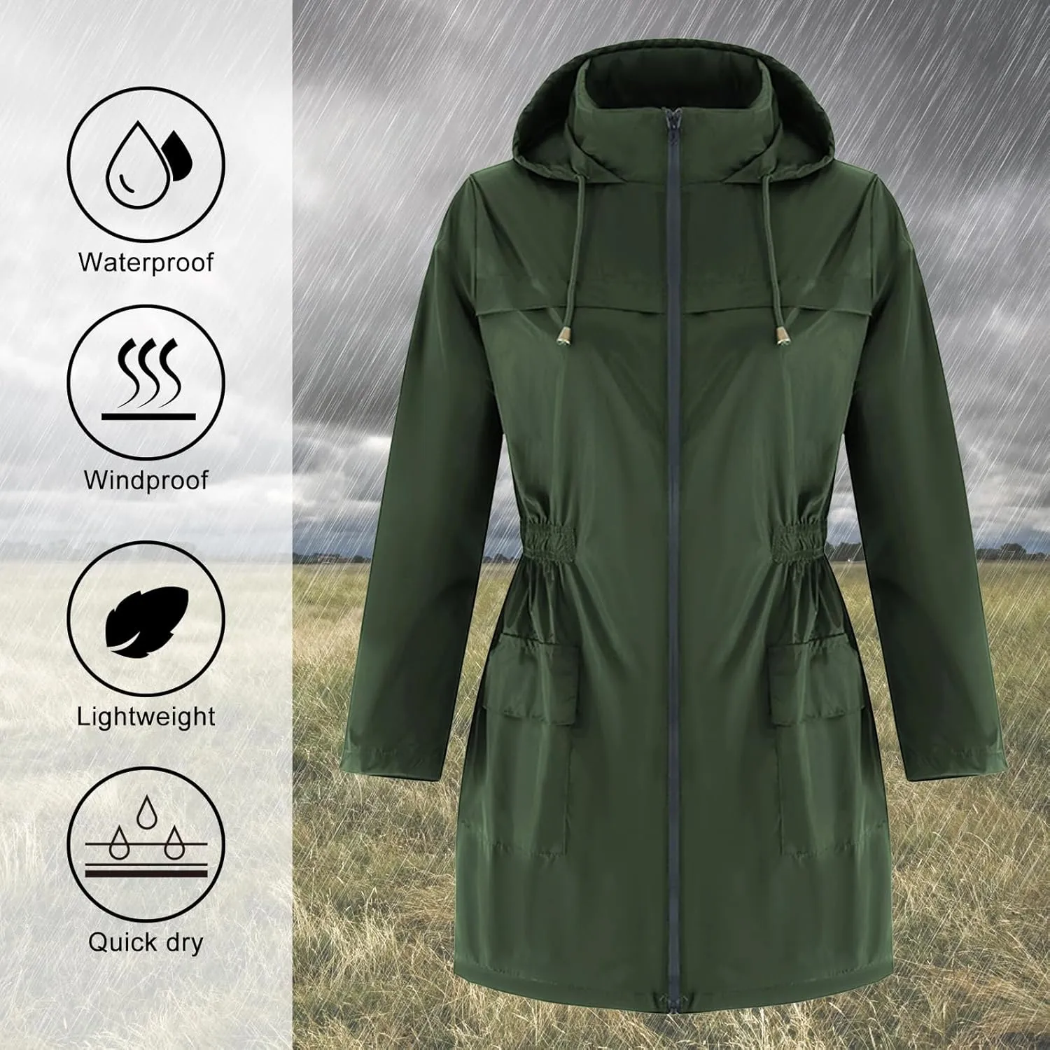 American Trends Rain Jacket Women Waterproof with Hood Windbreaker Jacket Travel Rain Coat Packable Lightweight Long Raincoat
