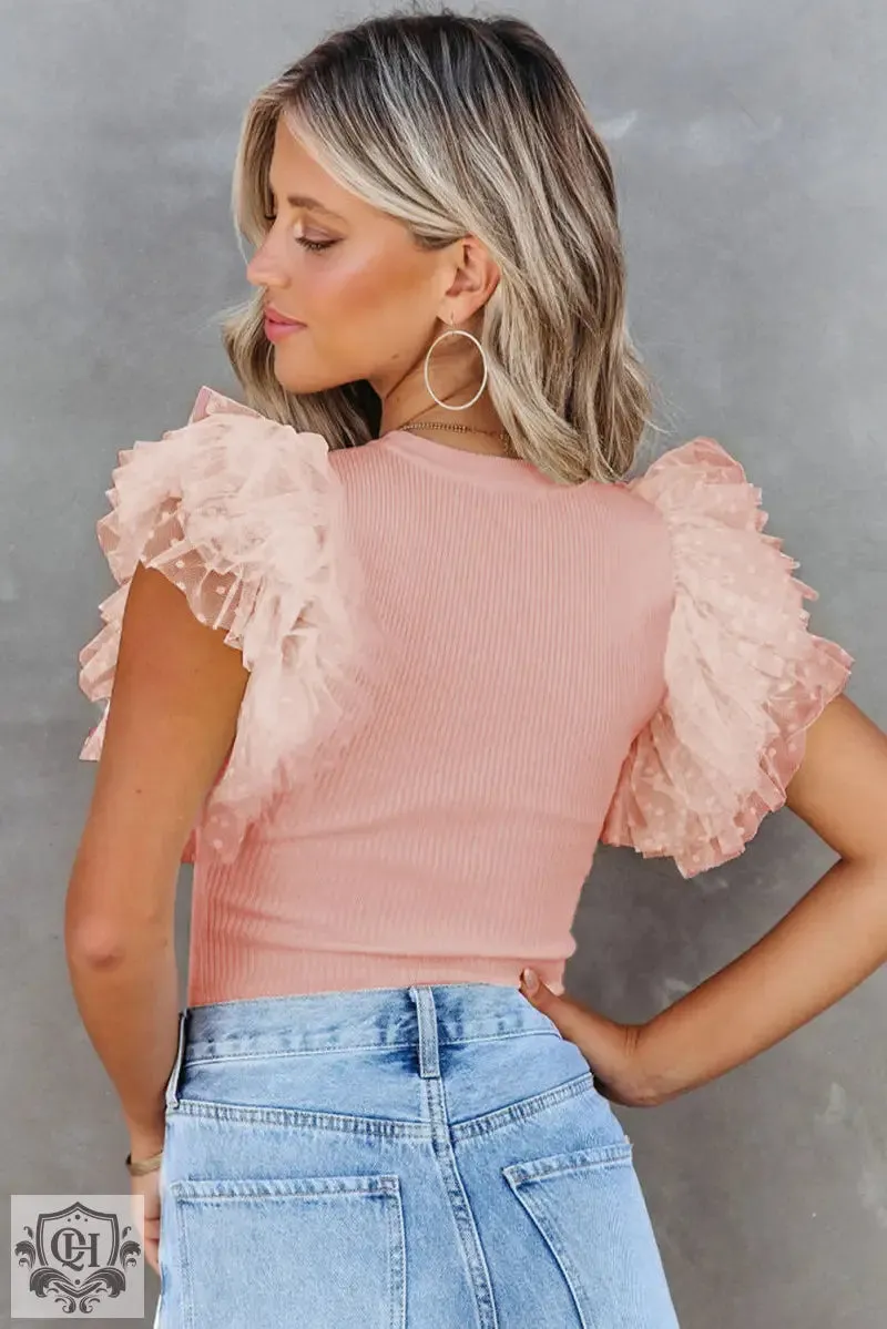 Apricot Dotty Mesh Ruffle Sleeve Ribbed Knit Top