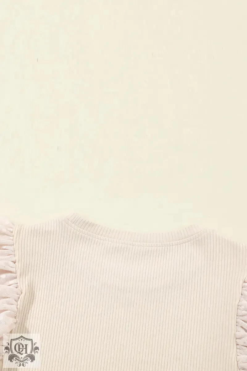 Apricot Dotty Mesh Ruffle Sleeve Ribbed Knit Top