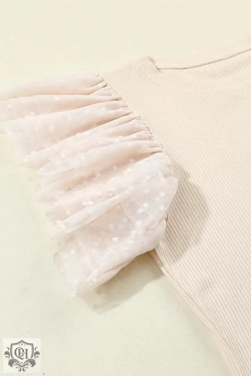 Apricot Dotty Mesh Ruffle Sleeve Ribbed Knit Top