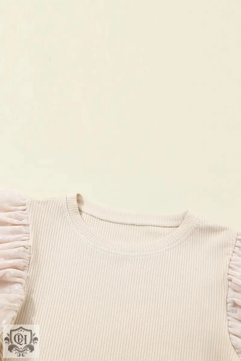 Apricot Dotty Mesh Ruffle Sleeve Ribbed Knit Top