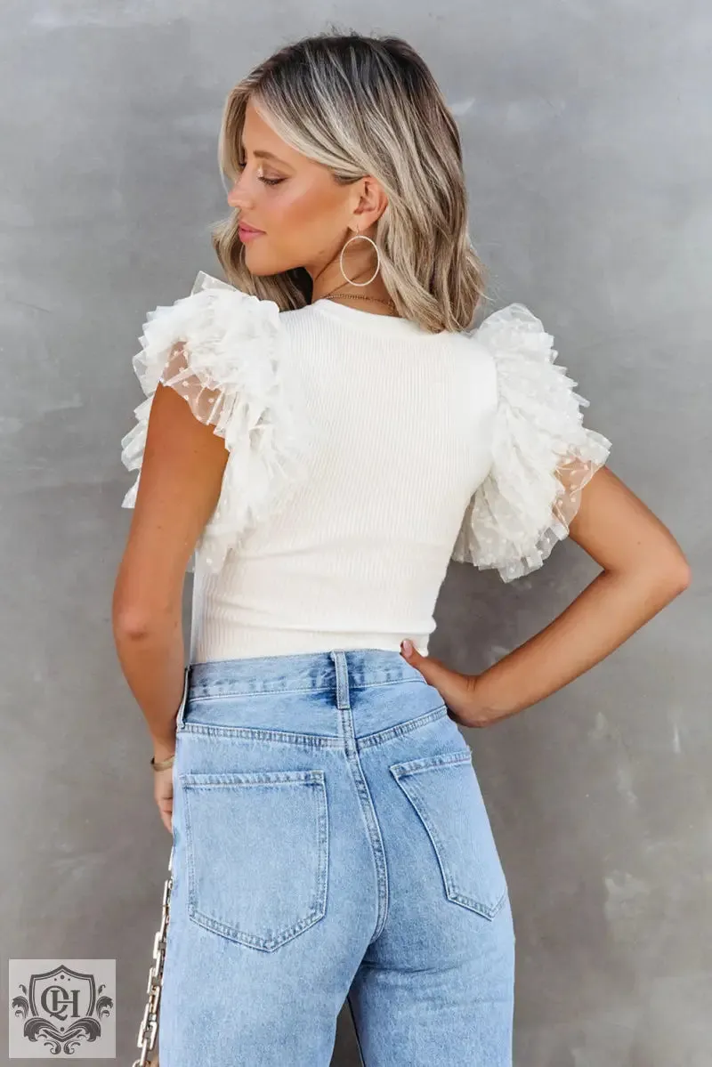 Apricot Dotty Mesh Ruffle Sleeve Ribbed Knit Top