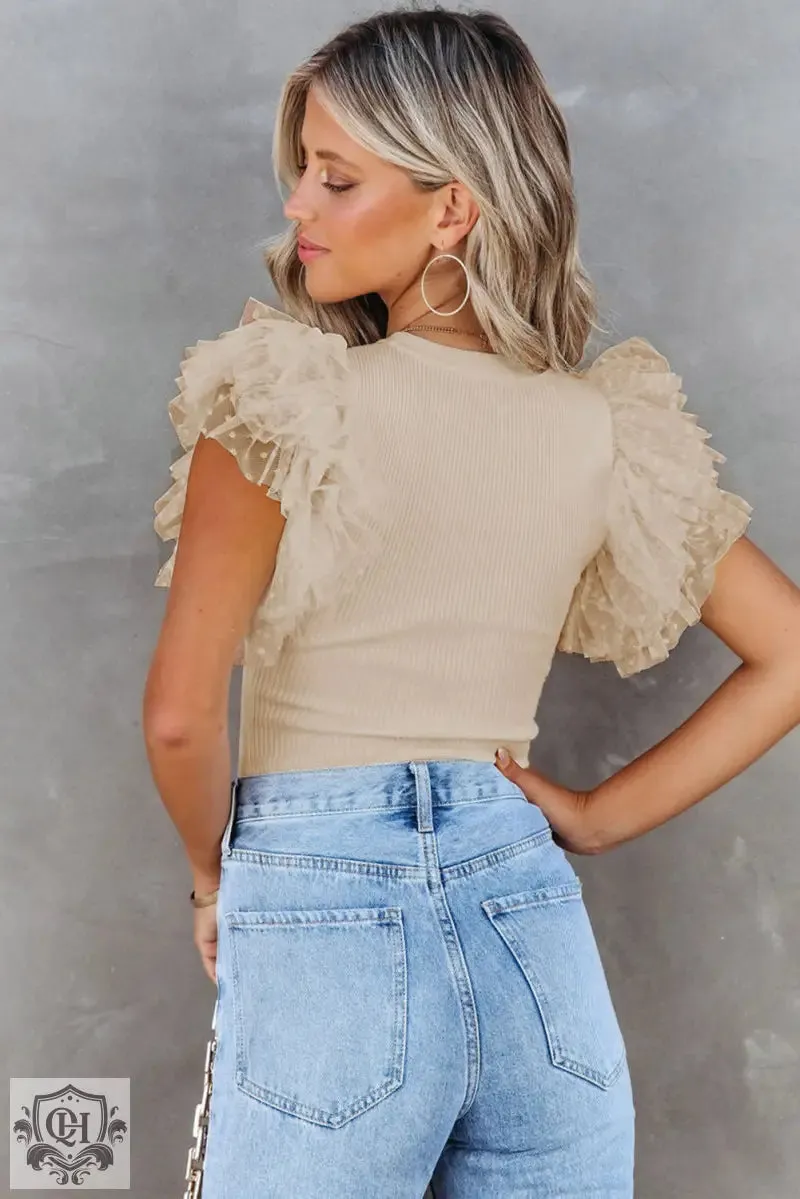 Apricot Dotty Mesh Ruffle Sleeve Ribbed Knit Top