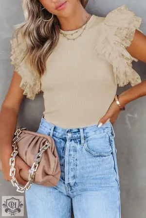 Apricot Dotty Mesh Ruffle Sleeve Ribbed Knit Top