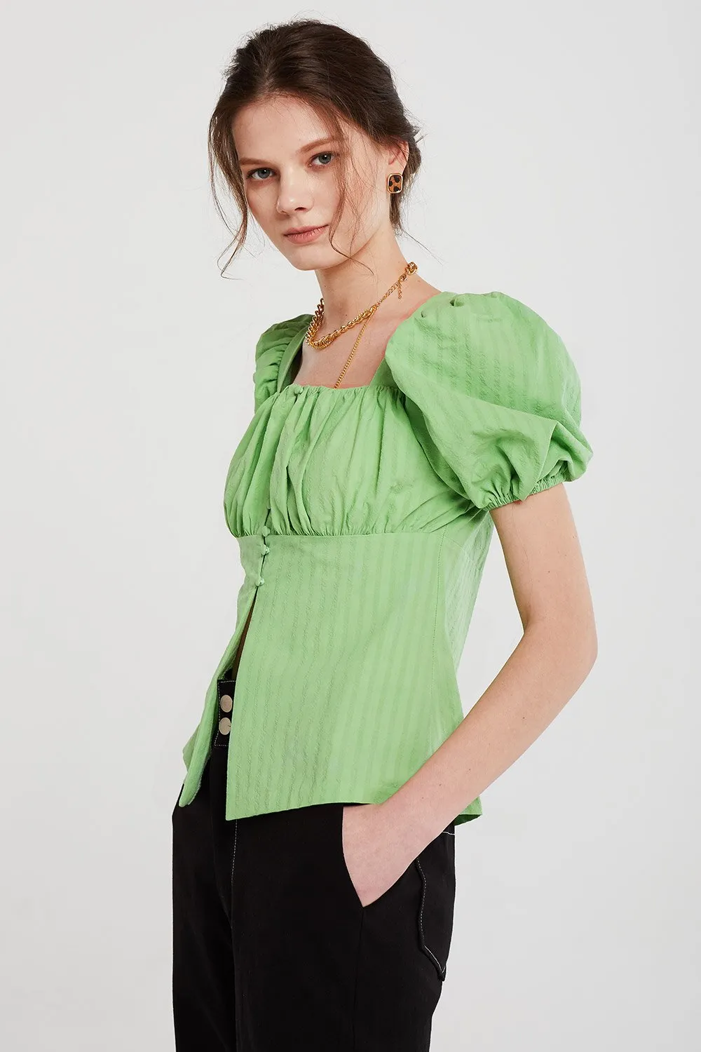 Ashley Ruched Pea Button Blouse