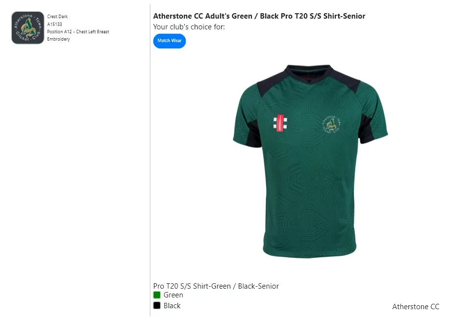 Atherstone CC Adult's Green / Black Pro T20 S/S Shirt-Senior
