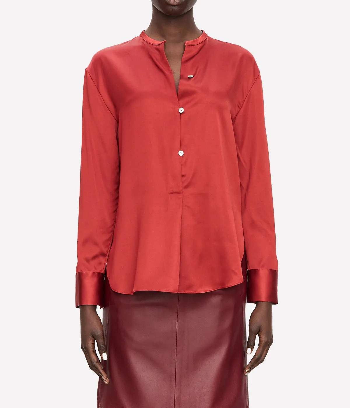 Band Collar Blouse in Dark Scarlet