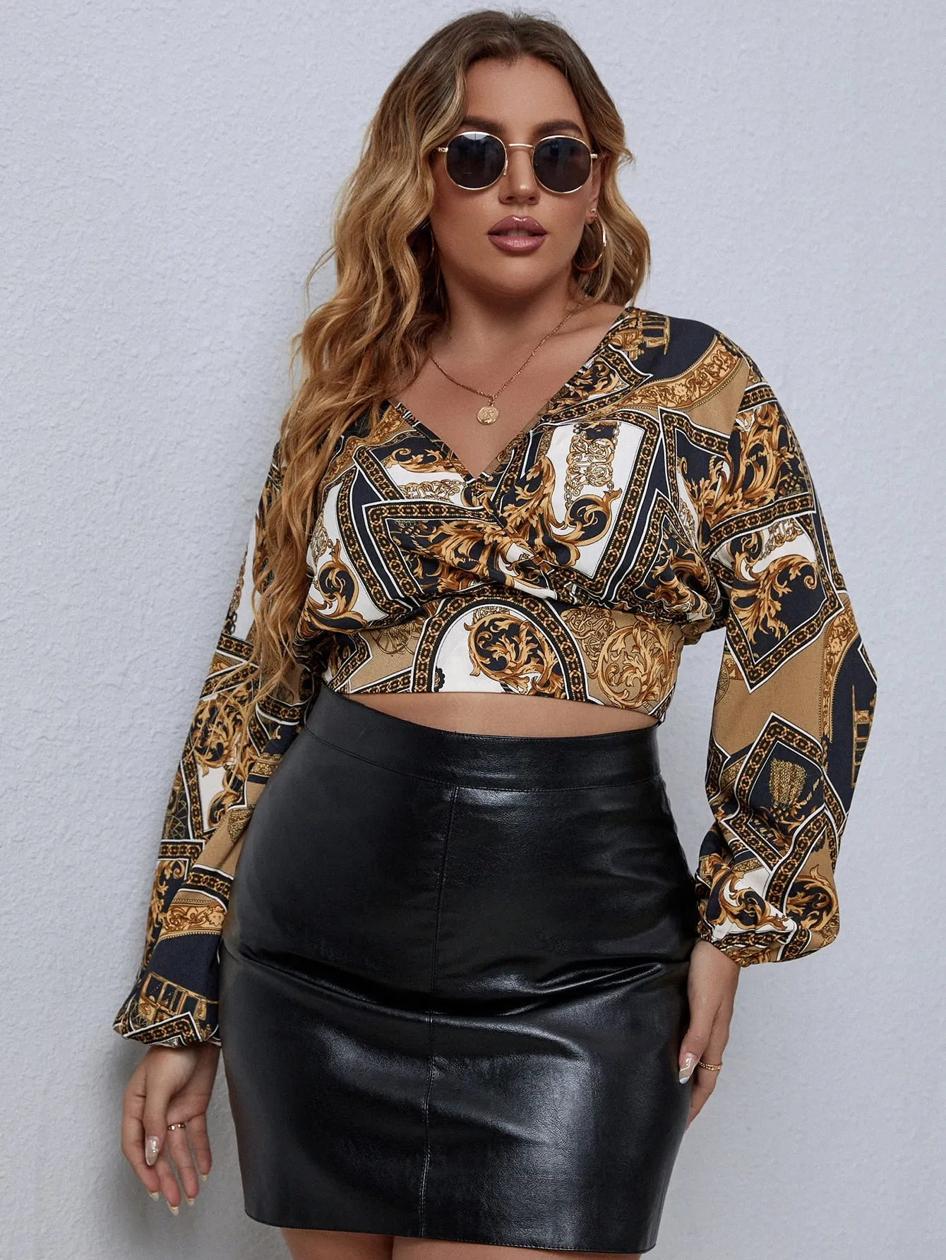 Baroque Wrap Long Sleeve V Neck Crop Plus Size Blouse