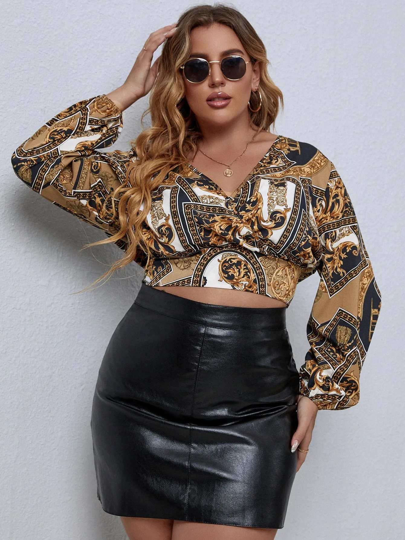 Baroque Wrap Long Sleeve V Neck Crop Plus Size Blouse