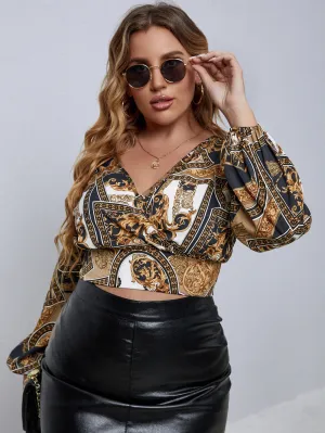 Baroque Wrap Long Sleeve V Neck Crop Plus Size Blouse