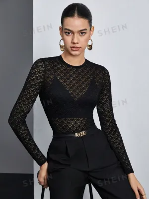 BIZwear Black Ladies' Round Neck Hollow Out Lace Top With Elasticity