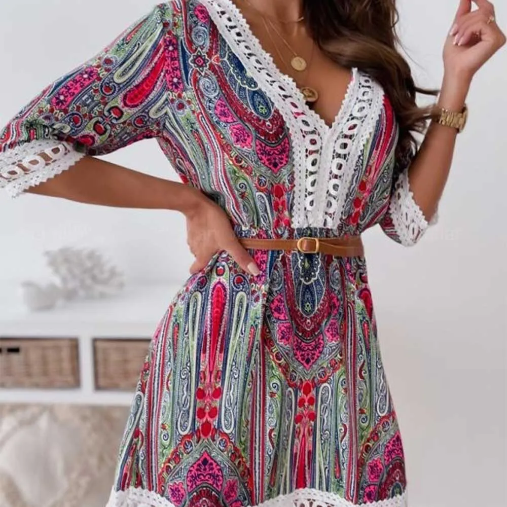 Bohemian Patchwork Shirtwaist Dress with Lace Hem