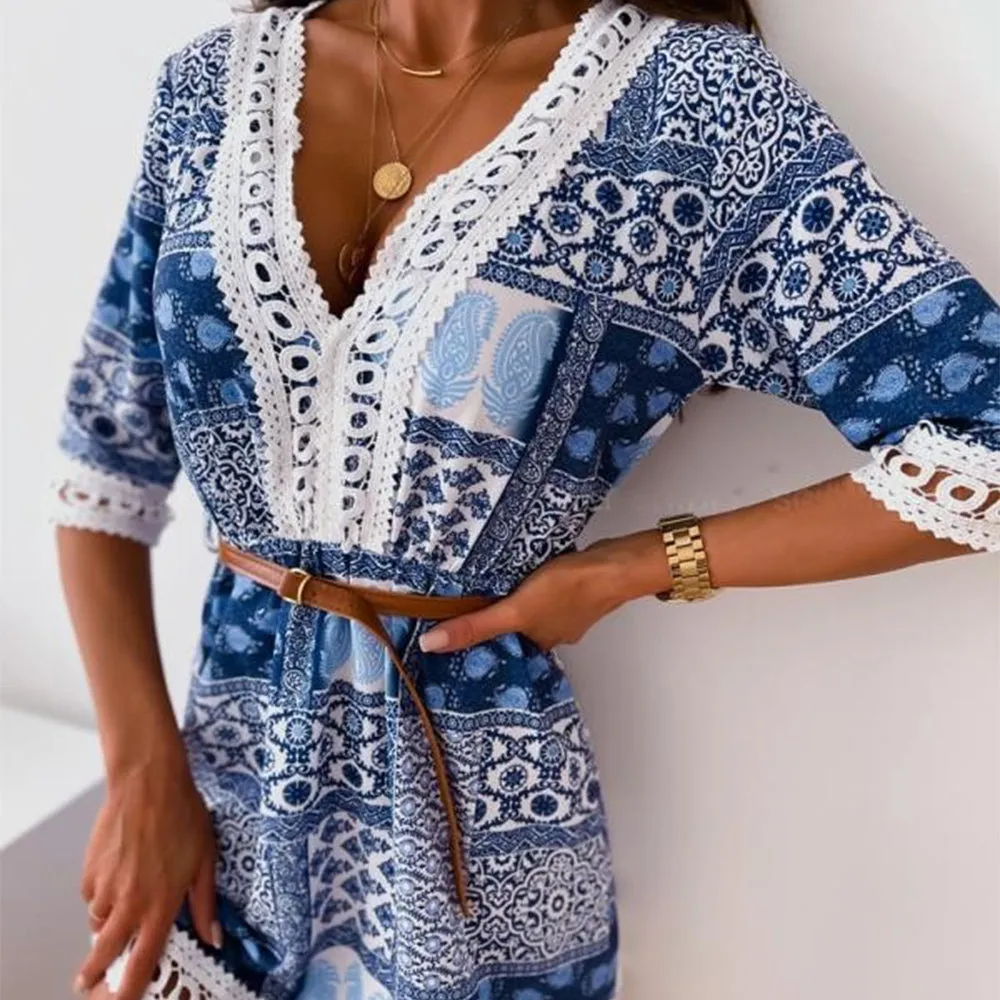 Bohemian Patchwork Shirtwaist Dress with Lace Hem