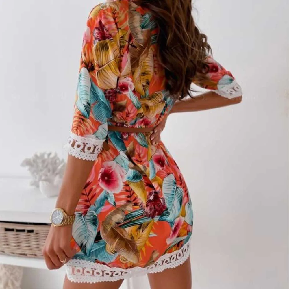 Bohemian Patchwork Shirtwaist Dress with Lace Hem
