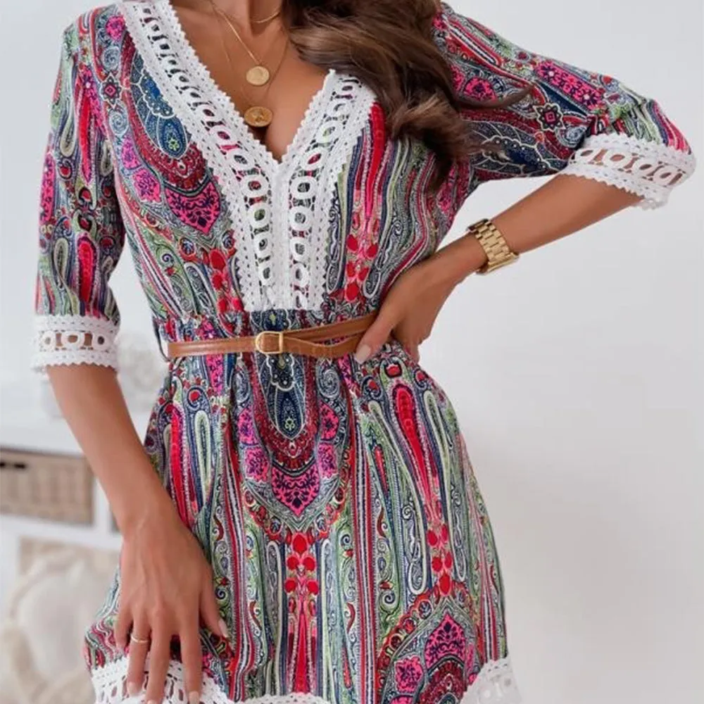 Bohemian Patchwork Shirtwaist Dress with Lace Hem