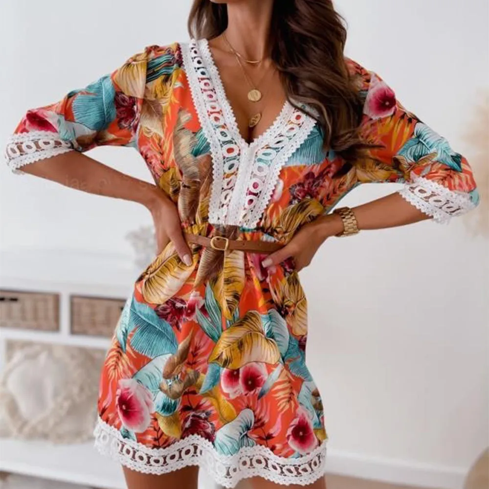 Bohemian Patchwork Shirtwaist Dress with Lace Hem