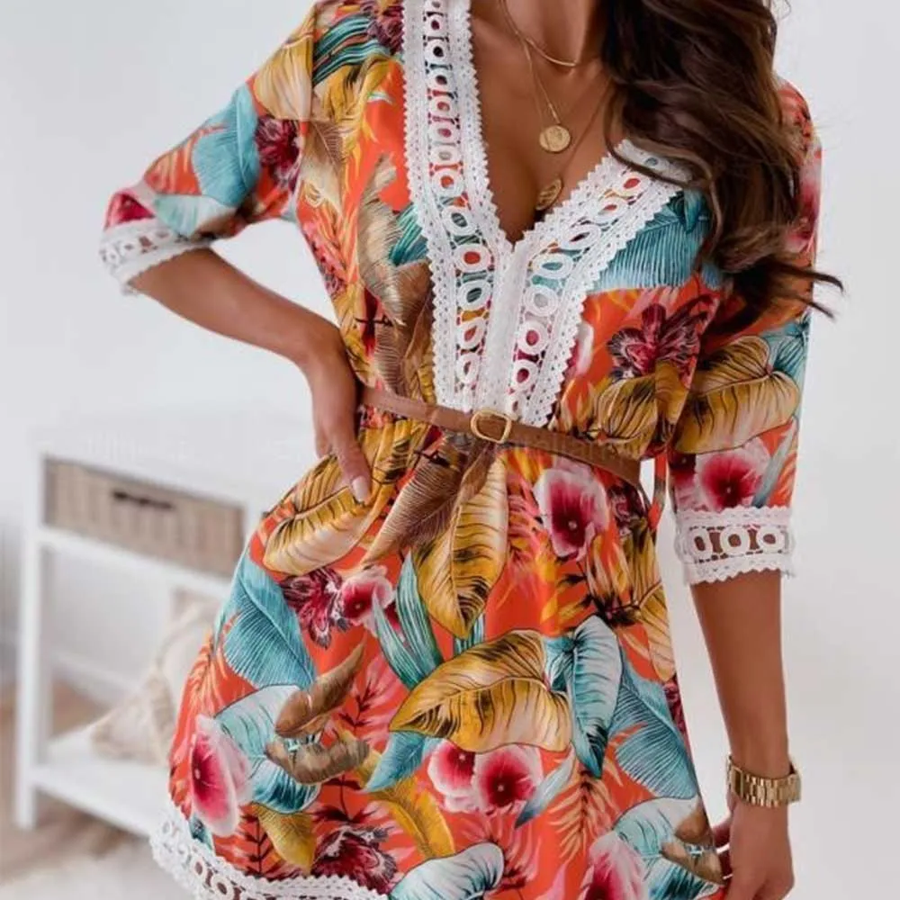Bohemian Patchwork Shirtwaist Dress with Lace Hem