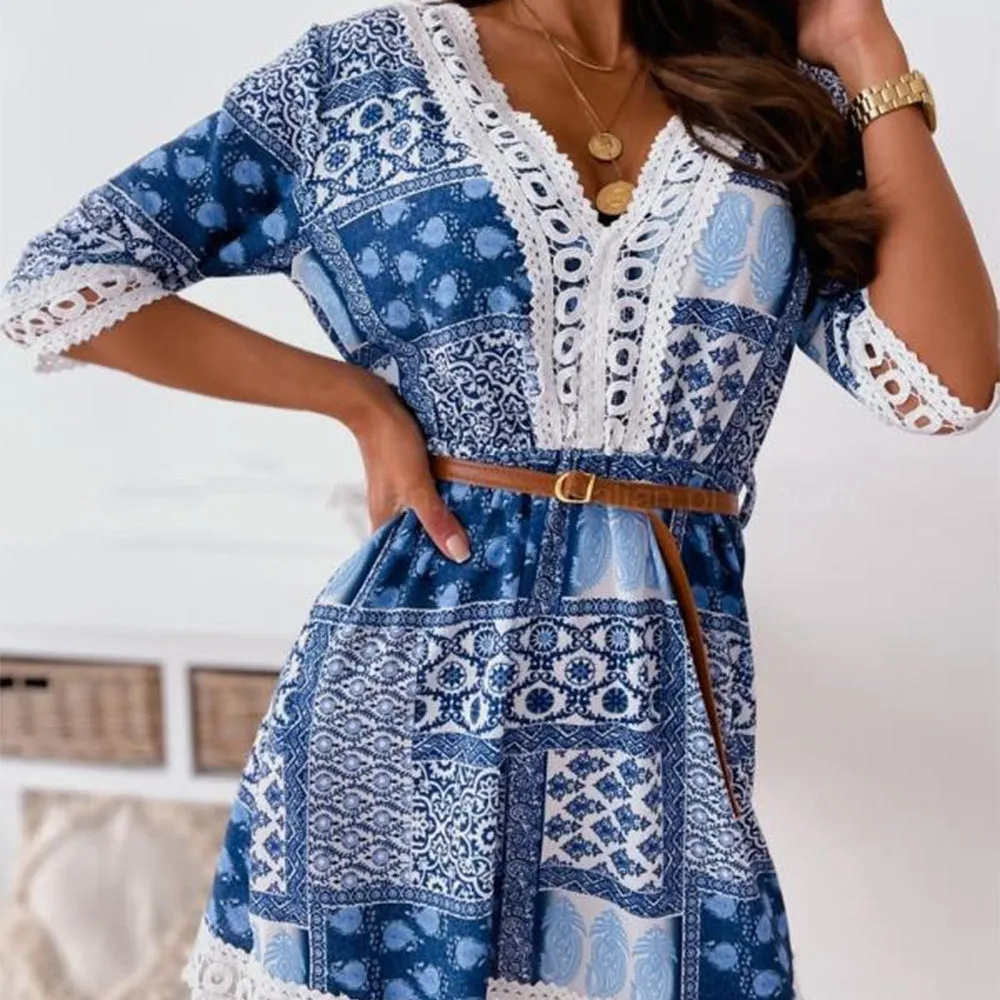 Bohemian Patchwork Shirtwaist Dress with Lace Hem