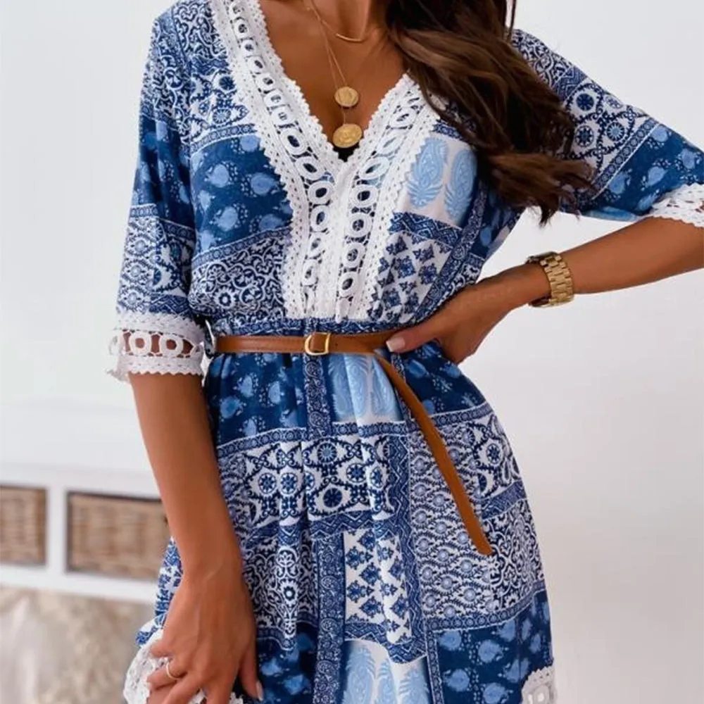 Bohemian Patchwork Shirtwaist Dress with Lace Hem