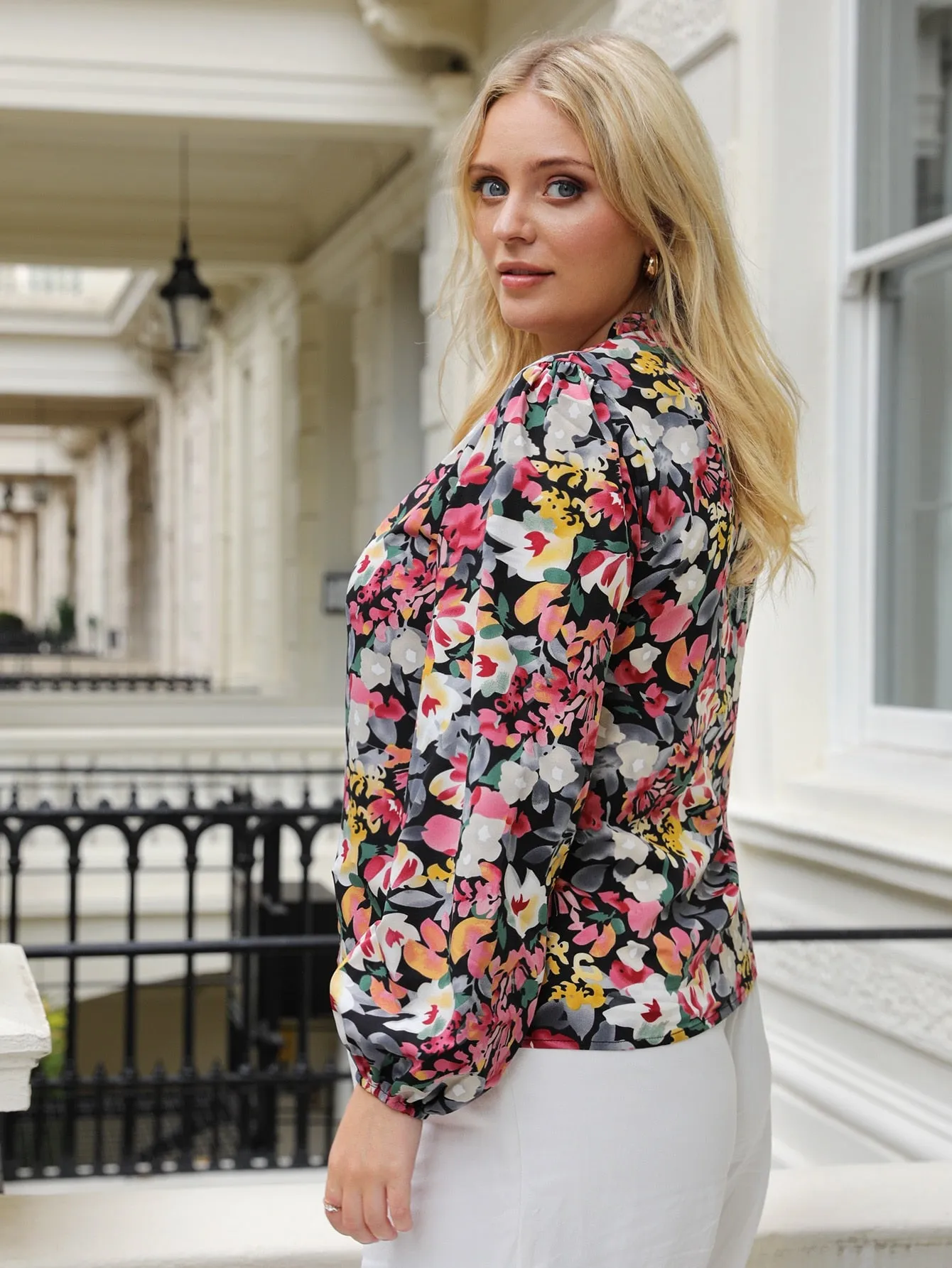 Boho All Over Print Frill Long Sleeve Stand Collar Regular Plus Size Blouse