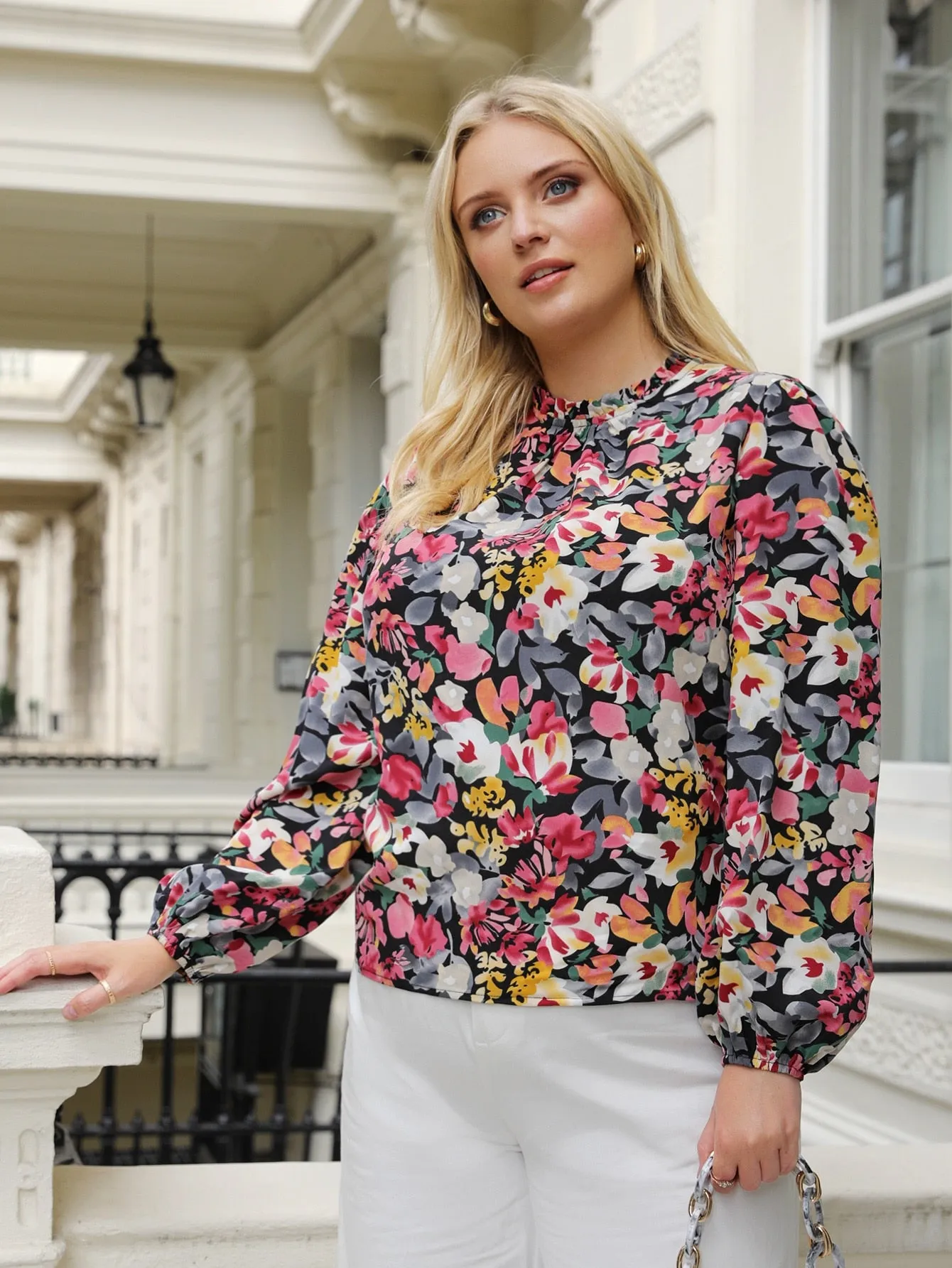 Boho All Over Print Frill Long Sleeve Stand Collar Regular Plus Size Blouse