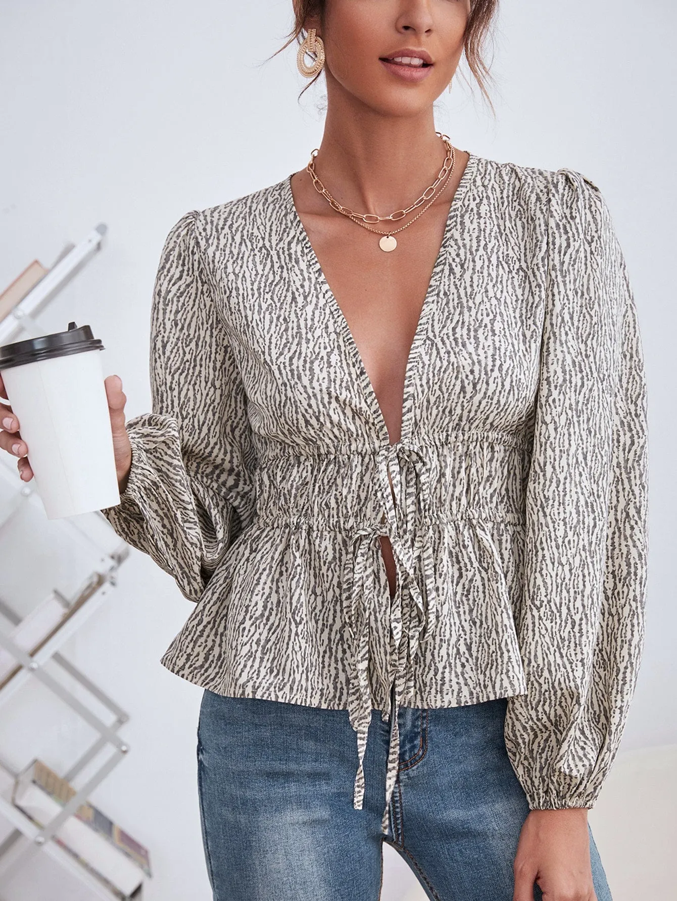 Boho All Over Print Tie Front Long Sleeve V Neck Flared Regular Women Top