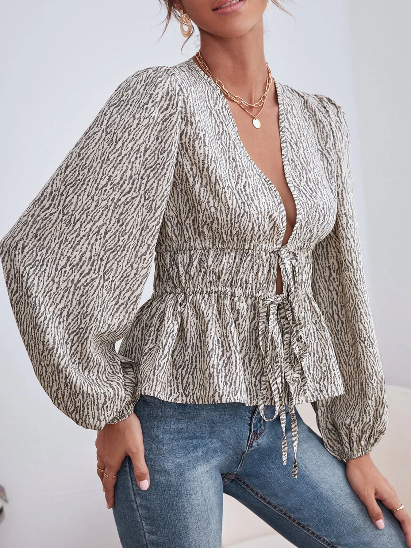 Boho All Over Print Tie Front Long Sleeve V Neck Flared Regular Women Top