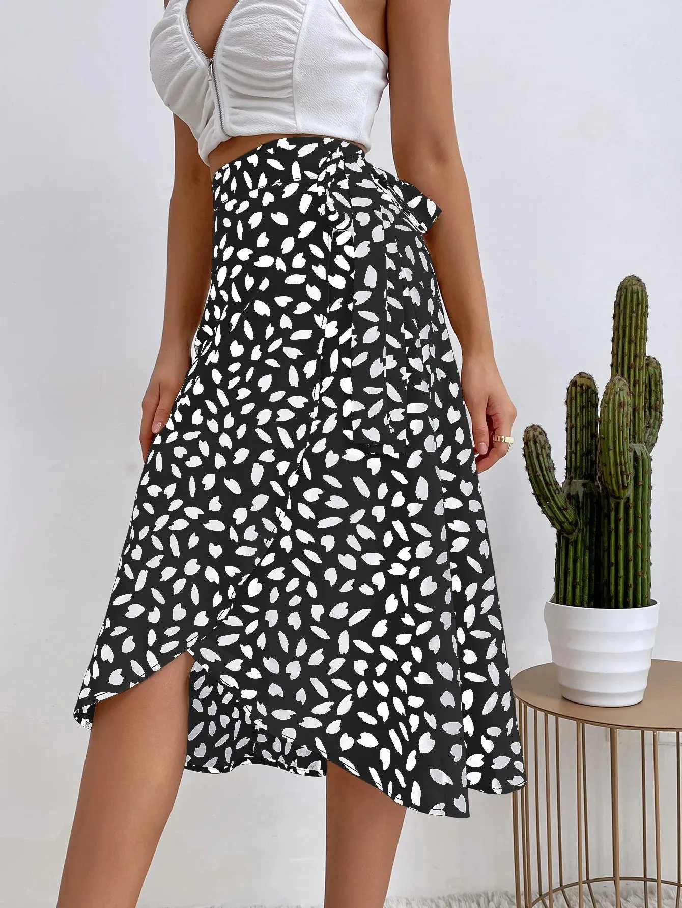 Boho Casual Print Tie Side Wrap Skirt Elegant High Waist