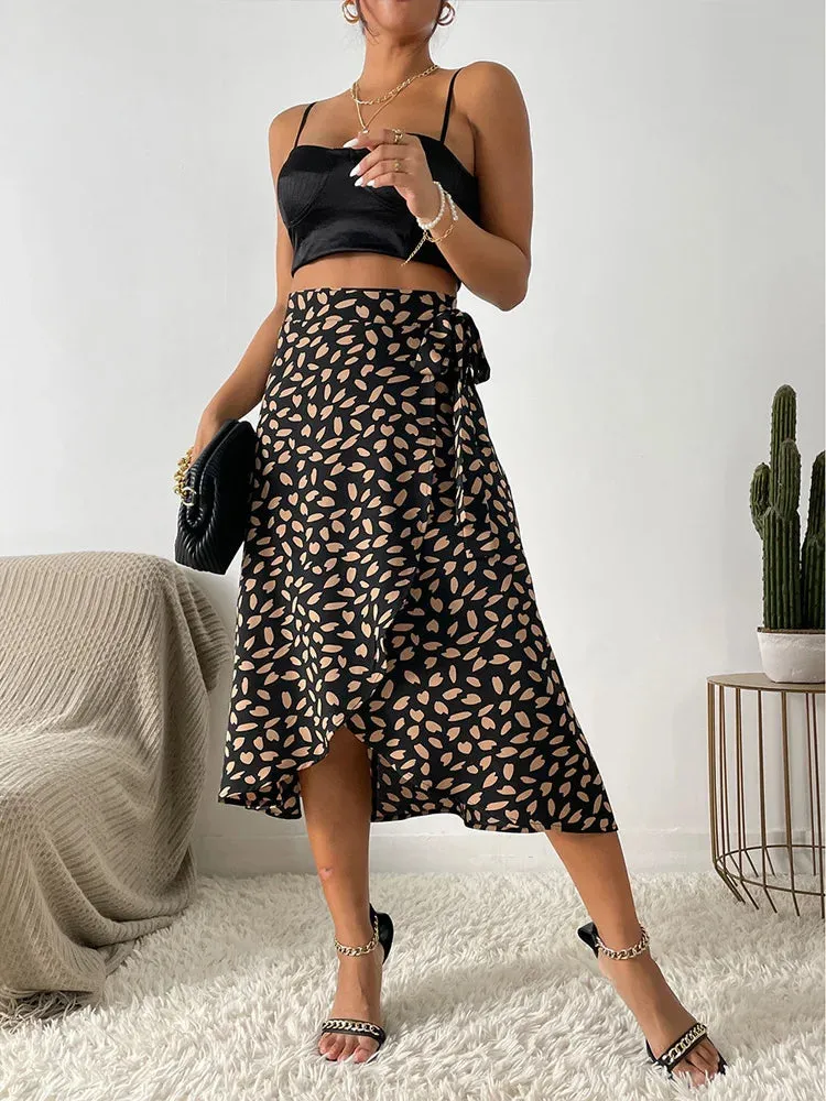 Boho Casual Print Tie Side Wrap Skirt Elegant High Waist