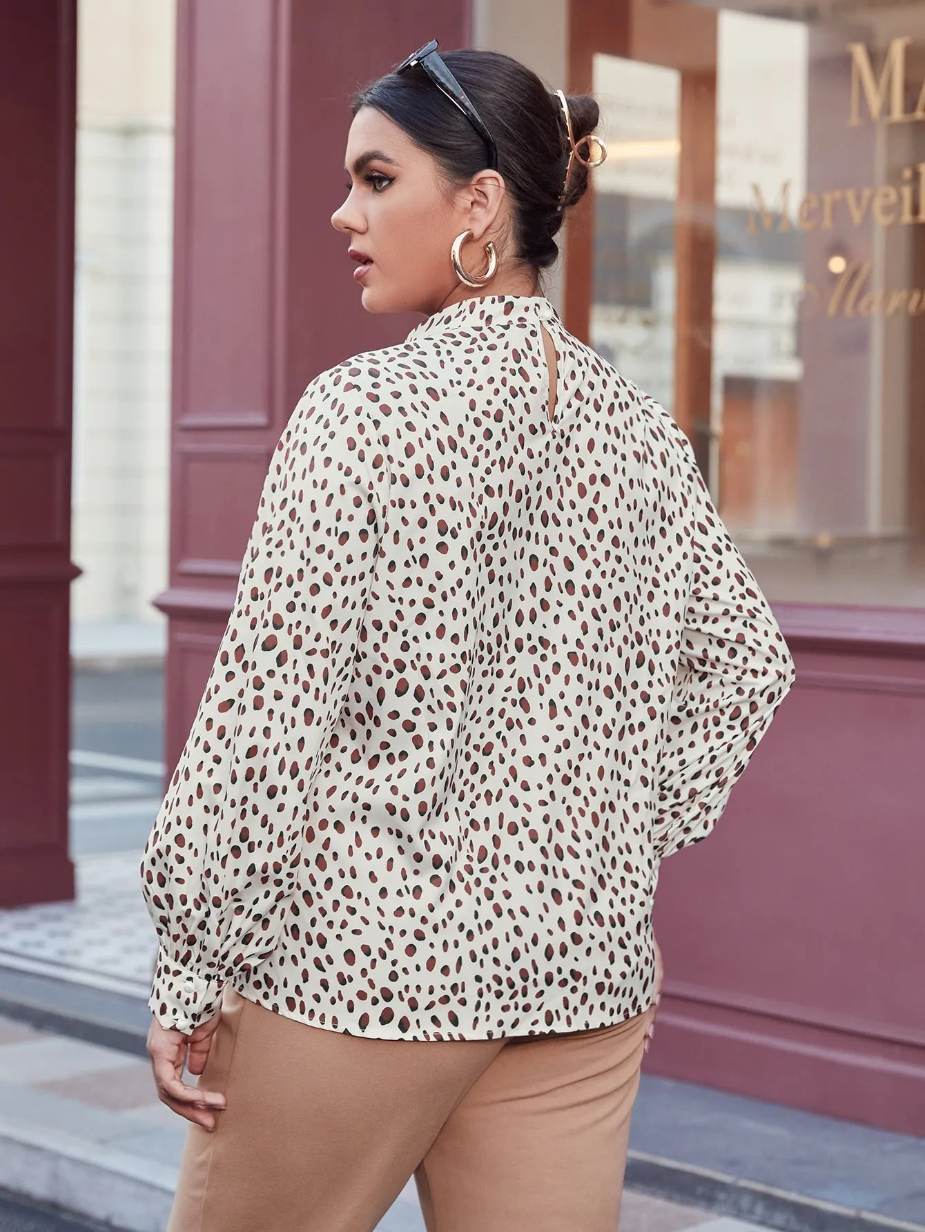 Casual All Over Print Long Sleeve Stand Collar Regular Plus Size Blouse