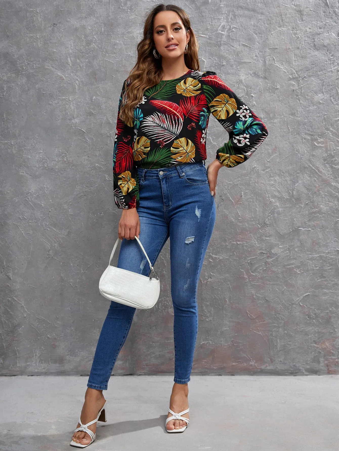 Casual Tropical Button Long Sleeve Round Neck Regular Blouse