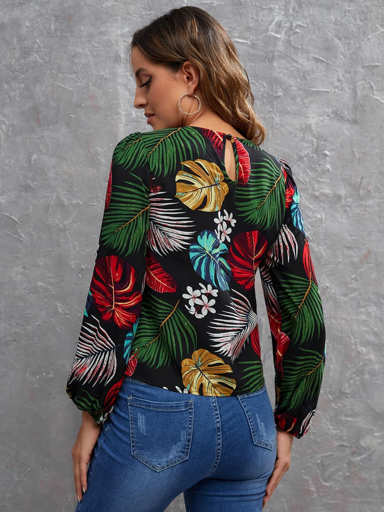 Casual Tropical Button Long Sleeve Round Neck Regular Blouse