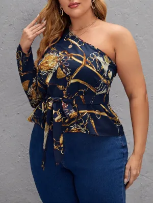 Chain Print Belted Long Sleeve One Shoulder Regular Plus Size Blouse