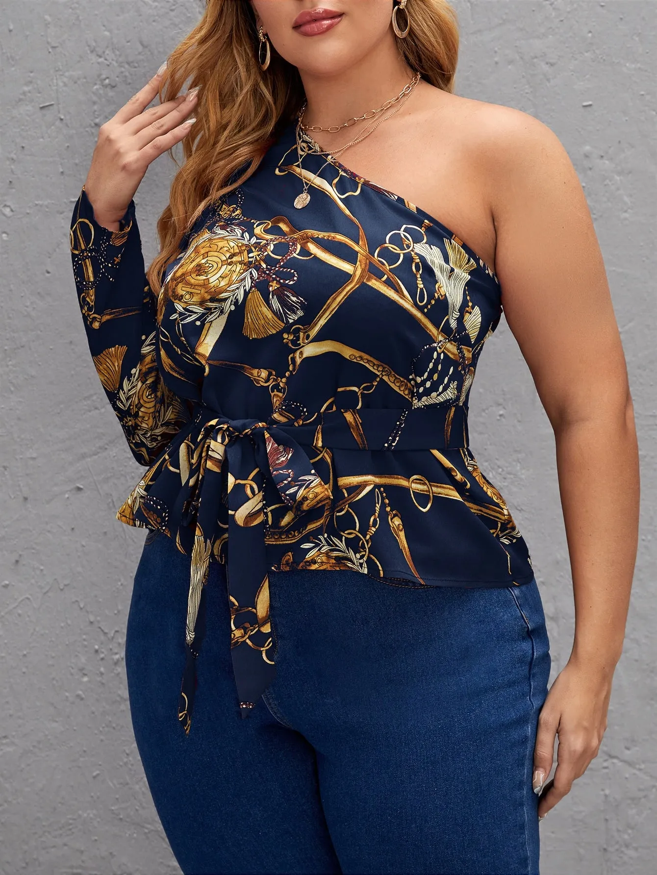 Chain Print Belted Long Sleeve One Shoulder Regular Plus Size Blouse