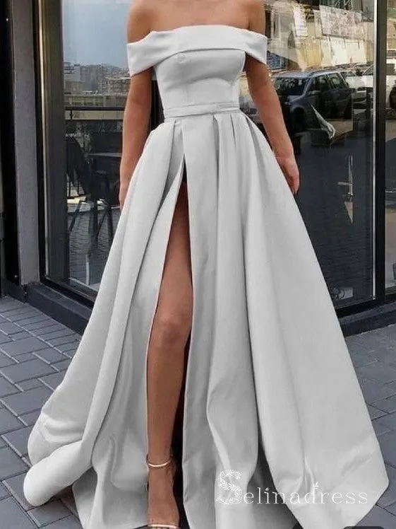 Chic A-line Off-the-shoulder Satin Long Prom Dresses Simple Evening Dress CBD272