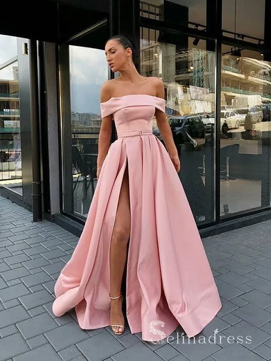 Chic A-line Off-the-shoulder Satin Long Prom Dresses Simple Evening Dress CBD272