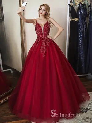 Chic A-line Spaghetti Straps Burgundy Long Prom Dresses Beaded Evening Gowns MHL171