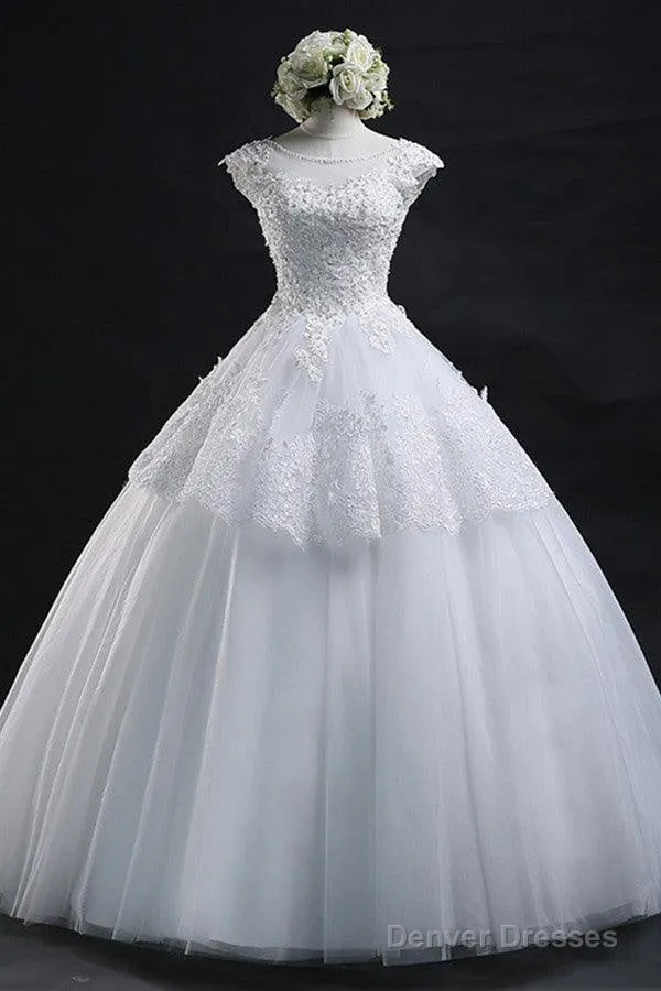 Chic Ball Gown Scoop Long Lace-Up Tulle Wedding Dress With Appliques