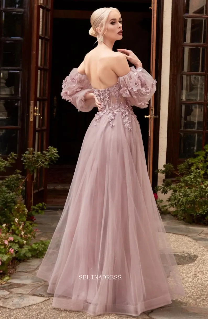 Chic Long Sleeve Prom Dresses Blue Sweetheart Evening Dresses Floral Applique Formal Dress POL024