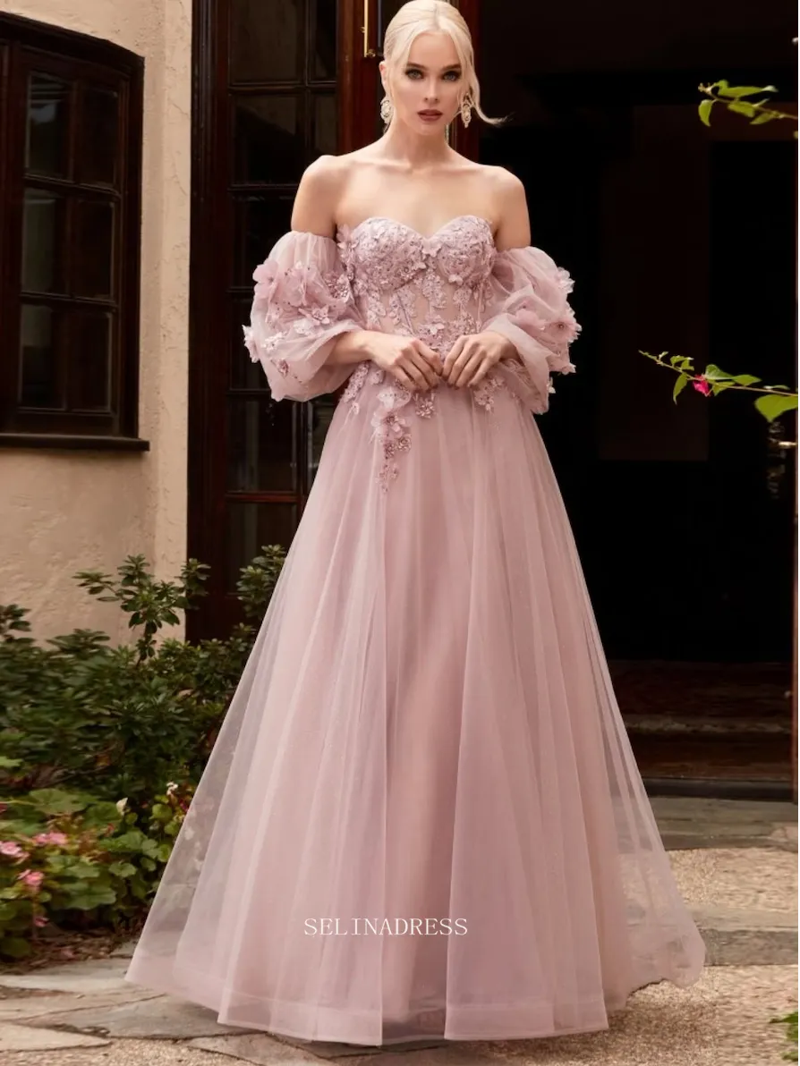 Chic Long Sleeve Prom Dresses Blue Sweetheart Evening Dresses Floral Applique Formal Dress POL024