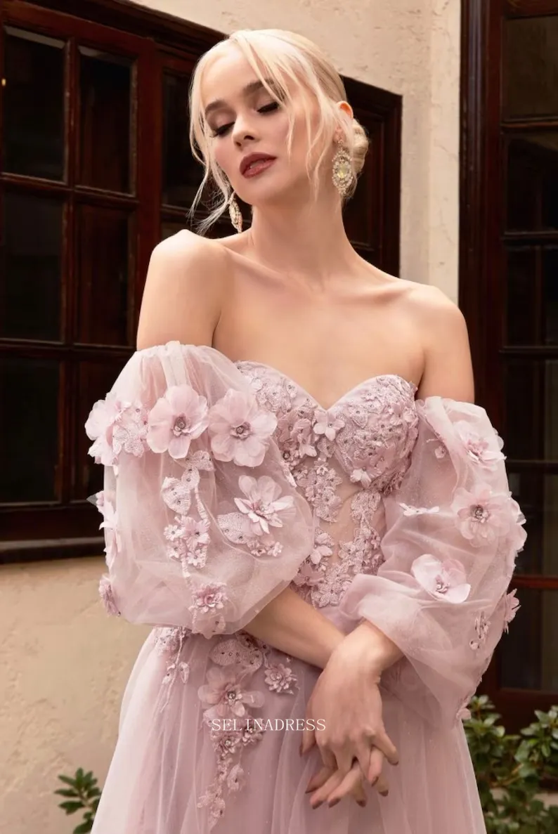 Chic Long Sleeve Prom Dresses Blue Sweetheart Evening Dresses Floral Applique Formal Dress POL024