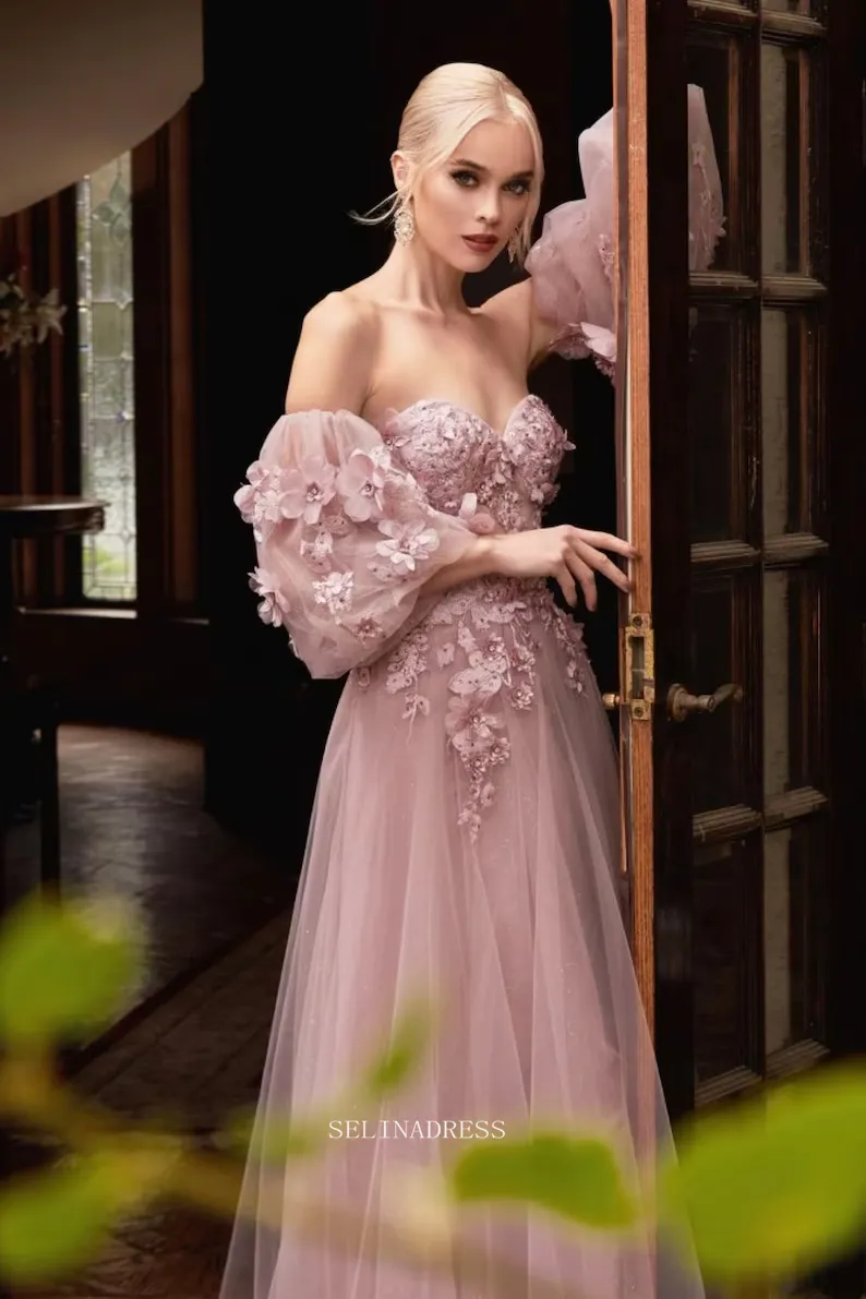 Chic Long Sleeve Prom Dresses Blue Sweetheart Evening Dresses Floral Applique Formal Dress POL024