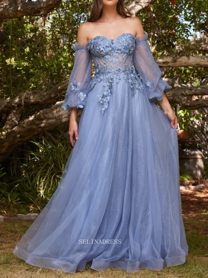 Chic Long Sleeve Prom Dresses Blue Sweetheart Evening Dresses Floral Applique Formal Dress POL024